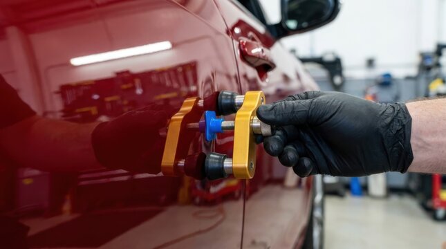 Mechanic using a paintless dent repair tool on a car door