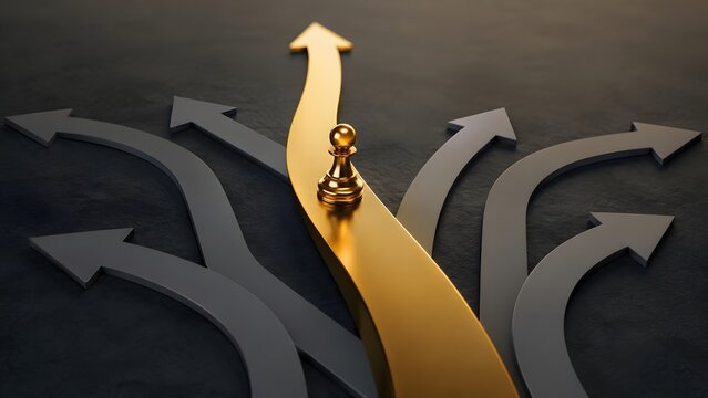 Strategic leadership direction showing gold chess pawn on forward arrow among alternative paths for business decision making