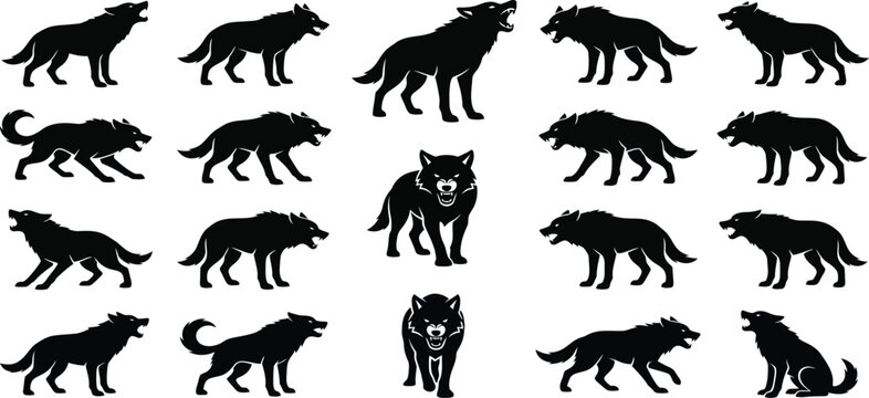 aggressive wolf silhouette set, snarling wild predator vector shapes, growling attacking animal icons, wilderness fauna collection for logo design branding