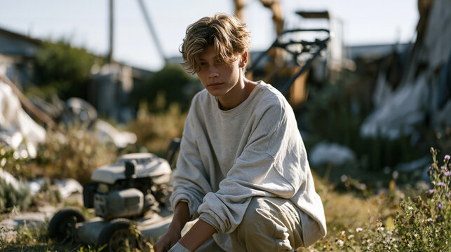 A teenager mows a suburban lawn from an over-the-shoulder vantage in an industrial-edged back lot at midday, pausing to tape a cracked handle with electrical tape, a repair-minded