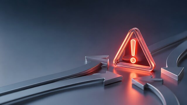 Strategic risk management concept showing metallic arrows converging on glowing red warning sign representing business threat identification