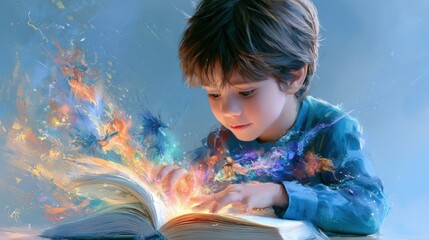 Young boy reads glowing book with magical sparkles © Anatoll Paveel