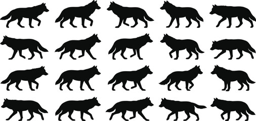 Obraz premium walking wolf silhouette set, wild predator vector shapes, side view prowling animal icons, wilderness fauna collection for logo design artwork
