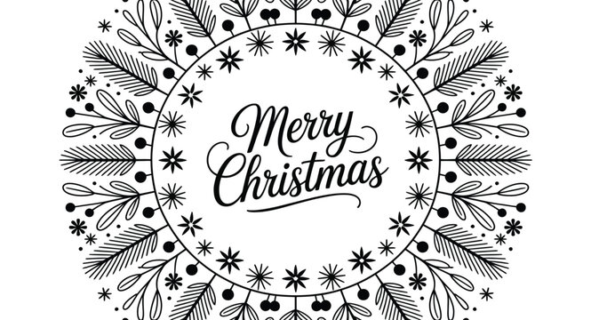 Elegant black and white illustrated circular wreath with festive Merry Christmas lettering in the center
