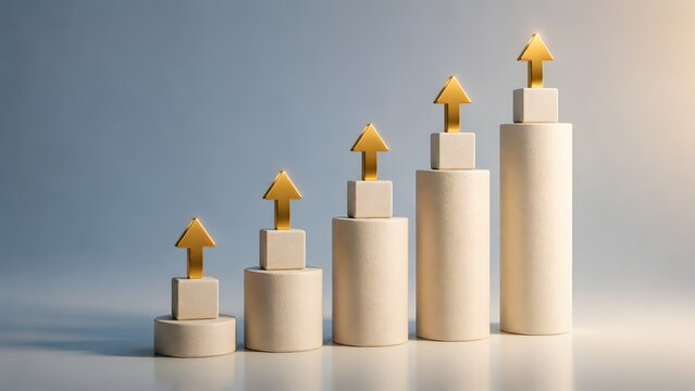 Business growth strategy success steps showing rising gold arrows on upward trending cylinder podiums