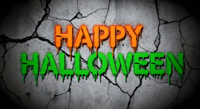 Spooky happy halloween text design over a cracked gray stone wall