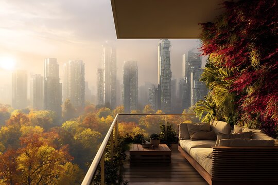 Modern apartment balcony with sofa and vertical garden overlooking futuristic city at sunset