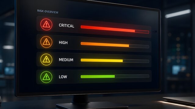 Risk management assessment dashboard on computer monitor showing security threat levels from low to critical