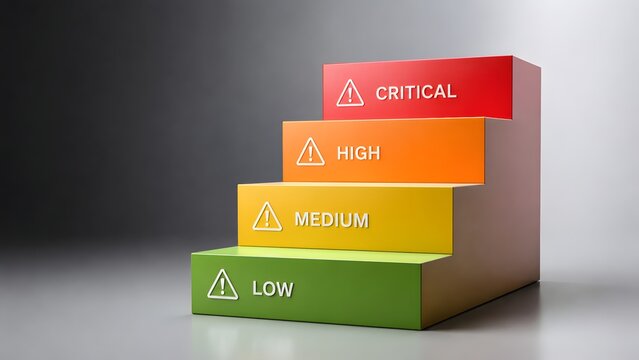 Risk assessment threat levels chart showing ascending priority steps from green low to red critical hazard