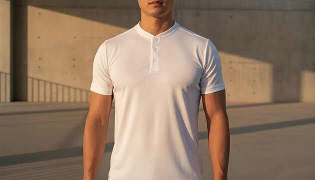 Athletic East Asian man wearing a blank white sports jersey at a minimalist concrete arena