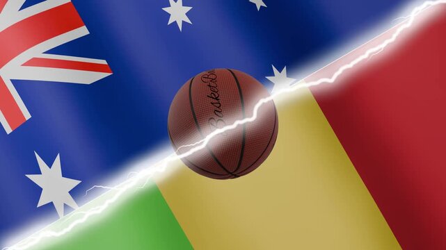 Spinning basketball ball against waving flags Mali and Australia separated by a diagonal electric effect, seamless 4k loop