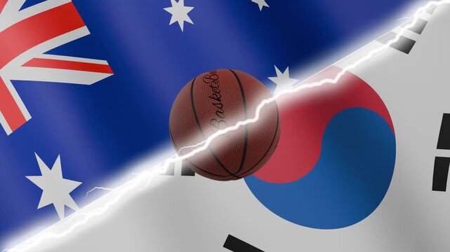 Spinning basketball ball against waving flags South Korea and Australia separated by a diagonal electric effect, seamless 4k loop