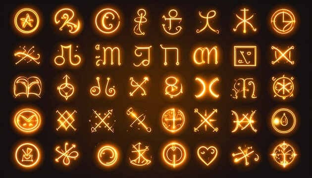 Collection of Glowing Esoteric Symbols and Glyphs on Dark Background.
