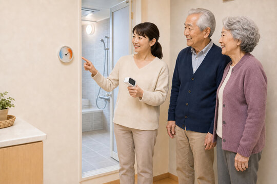 浴室と脱衣所の温度差を確認する日本人の祖父母と娘、ヒートショック対策