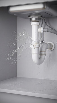 Broken water pipe bursting leaking in kitchen sink cabinet, plumbing damage issue. Vertical story layout, copy space