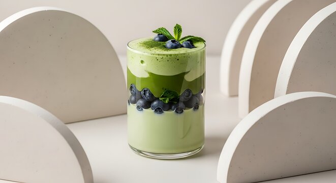 Green Smoothie Layered with Blueberry Garnish in Clear Glass
