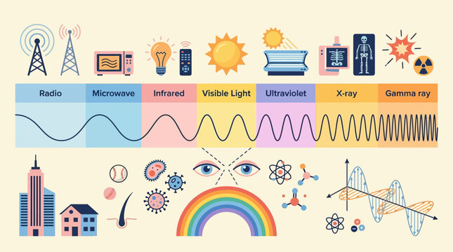 Electromagnetic Spectrum Infographic with colorful wave frequencies and illustrative icons, ideal for science education materials and physics textbooks.