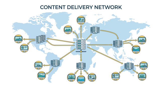 Global CDN Infrastructure flat vector illustration of world map with server nodes and data flow icons ideal for cloud computing presentations and tech blogs.