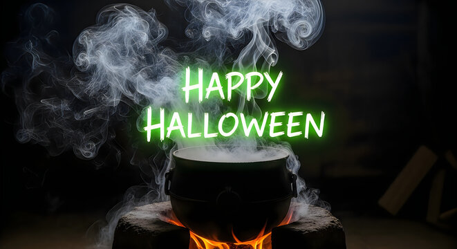 Happy halloween greeting card featuring a magical steaming witch cauldron pot
