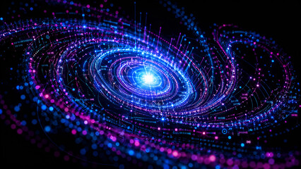 Fototapeta premium Abstract digital spiral galaxy with glowing data particles