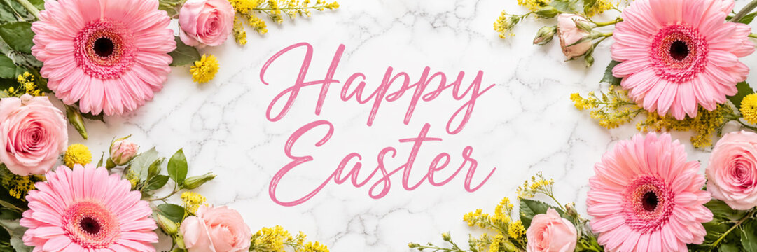 Happy Easter text with pink flowers and marble background