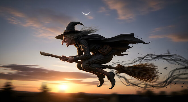 Silhouette of a witch flying on a broomstick during halloween sunset