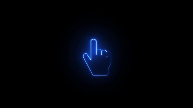 Neon pointer hand icon glowing animation on black background 4k video .
