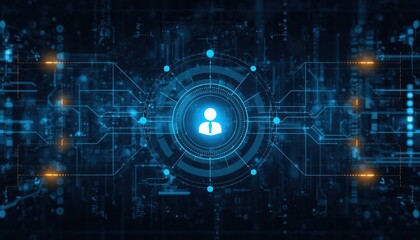 Fototapeta premium User icon sits at the center of a glowing digital network display symbolizing online identity management and user profile security.