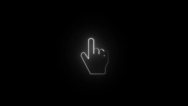 Neon pointer hand icon glowing animation on black background 4k video .