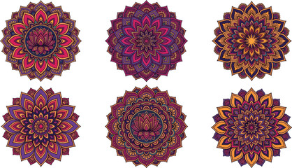 Fototapeta premium Set of Ornamental Lotus Flower Mandala Vectors Featuring Detailed Indian Paisley and Mehndi Circular Ornaments