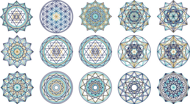 Set of Sacred Geometry Symbols and Mandala Line Art Elements for Decorative Design Vector Illustration