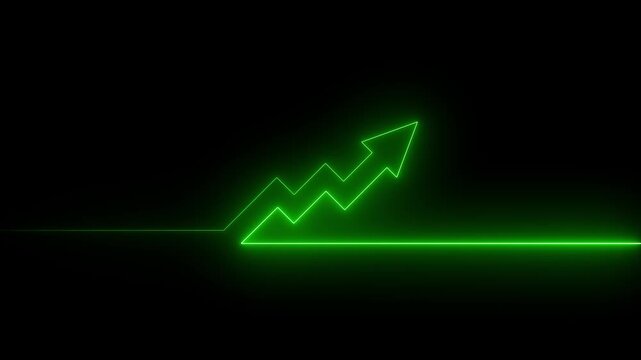 Neon blue financial growth arrow chart animation on black background, business success .upward arrow animation 4k motion graphics video. red arrow pointing up graphics animation ..