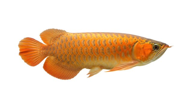 Vibrant orange Asian arowana isolated on a clean white background, showing its elongated body, metallic patterned scales, graceful fins and distinctive dragon-fish appearance in a detailed ornamental 