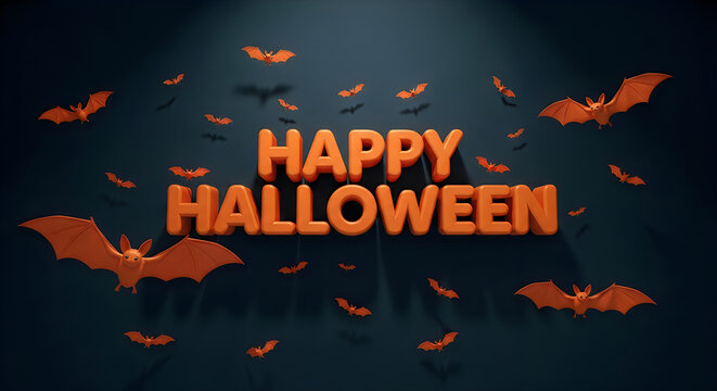 Happy halloween greeting card design with flying bats on dark background