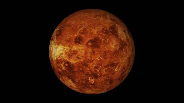 A looping 3D animation of the planet Venus, without clouds, rotating on its axis.