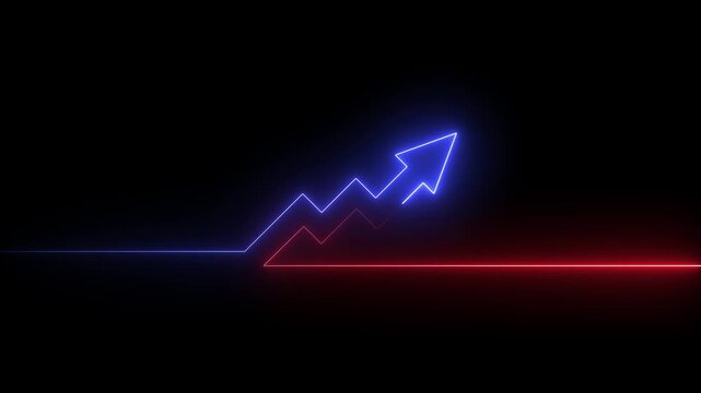 Neon blue financial growth arrow chart animation on black background, business success .upward arrow animation 4k motion graphics video. red arrow pointing up graphics animation ..