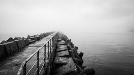 Obraz premium Concrete pier with tetrapod breakwater vanishing into thick fog at sea