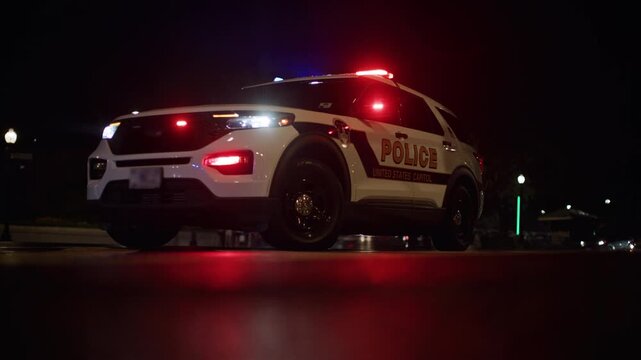 United States Capitol Police SUV with Flashing Emergency Lights at Night. United States Capitol Police patrol SUV parked on a city street at night with flashing red and blue emergency lights.