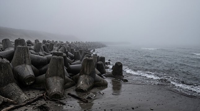 Concrete tetrapod sea wall on a misty beach during a cloudy day