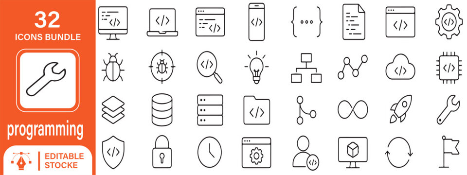 32 Programming Vector Outline Icons Set &ndash; Coding, Software Development, Debugging, API, Database and Web Development Line Symbols Collection