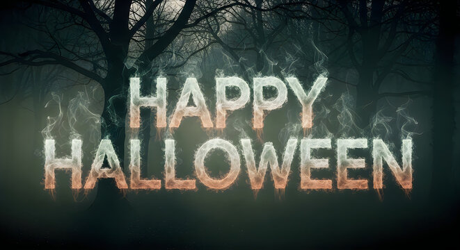 Spooky happy halloween text design over a dark forest background