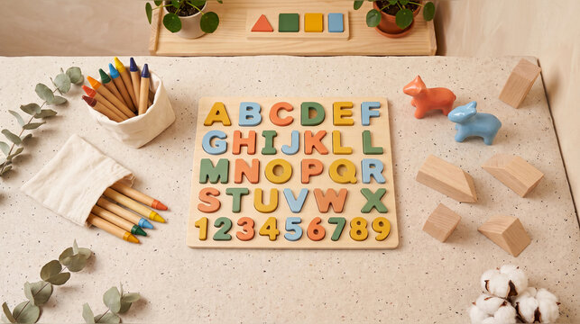 Colorful educational tabletop with alphabet and number puzzle board, pastel letters, geometric shapes, pencils, animal figurines, and creative early childhood learning setup
