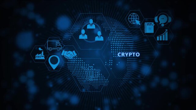 Digital cryptocurrency network concept featuring animated global connectivity and blockchain technology data visualization for modern financial business presentations and fintech marketing