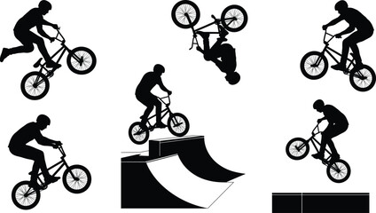Fototapeta premium Freestyle BMX cyclists performing tricks and jumps on ramps black silhouettes set isolated on white background