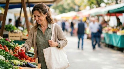 Fototapeta premium Woman selecting fresh vegetables at outdoor farmers market