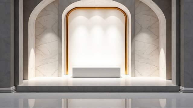 Minimalist stage design. Marble walls, arched niches, bright spotlight illuminating central platform. Clean lines, modern aesthetic.