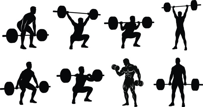 Weightlifting and bodybuilding silhouettes set performing deadlift squat overhead press isolated on white background