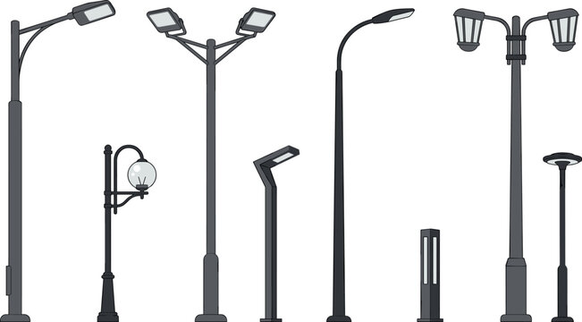 Modern Street Light Collection with LED Lamp Posts, Decorative Urban Lighting Fixtures, Contemporary Bollard Lamps, and Outdoor Landscape Illumination Vector Set