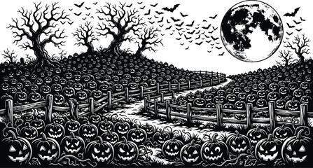 Obraz premium Spooky Halloween night with jack-o-lanterns, bats, and full moon in a pumpkin patch