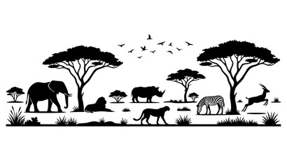 African Safari Wildlife Landscape Silhouette Vector with Elephant Lion Rhino and Acacia Trees © MstMomena